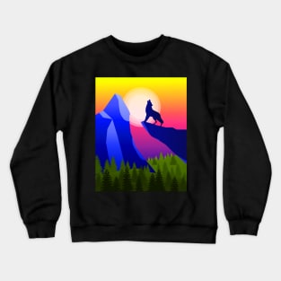 Minimalist Mountain Landscape, Wolf Howling at Sunset Crewneck Sweatshirt